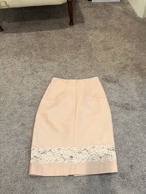 Genuine Leather Women's Blush Pink Pencil Skirt with Lace Trim
